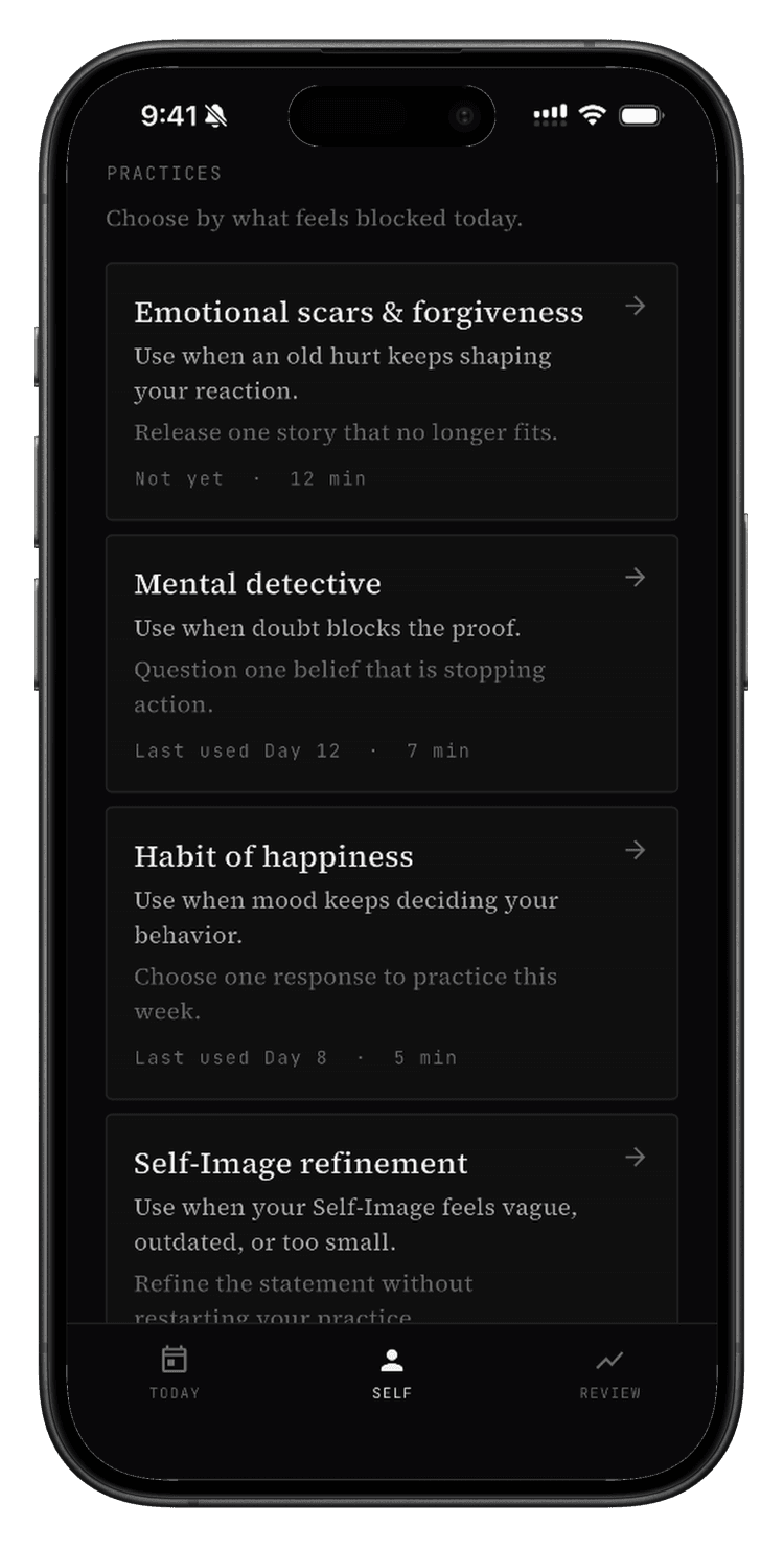 Taryun Self tab listing the four deep practices