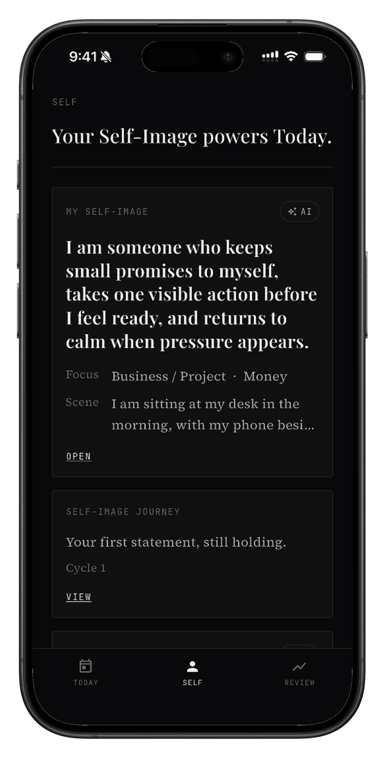 Taryun Self tab showing a written self-image statement